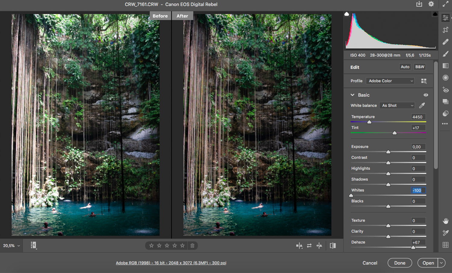 Move the Whites slider to reduce glare